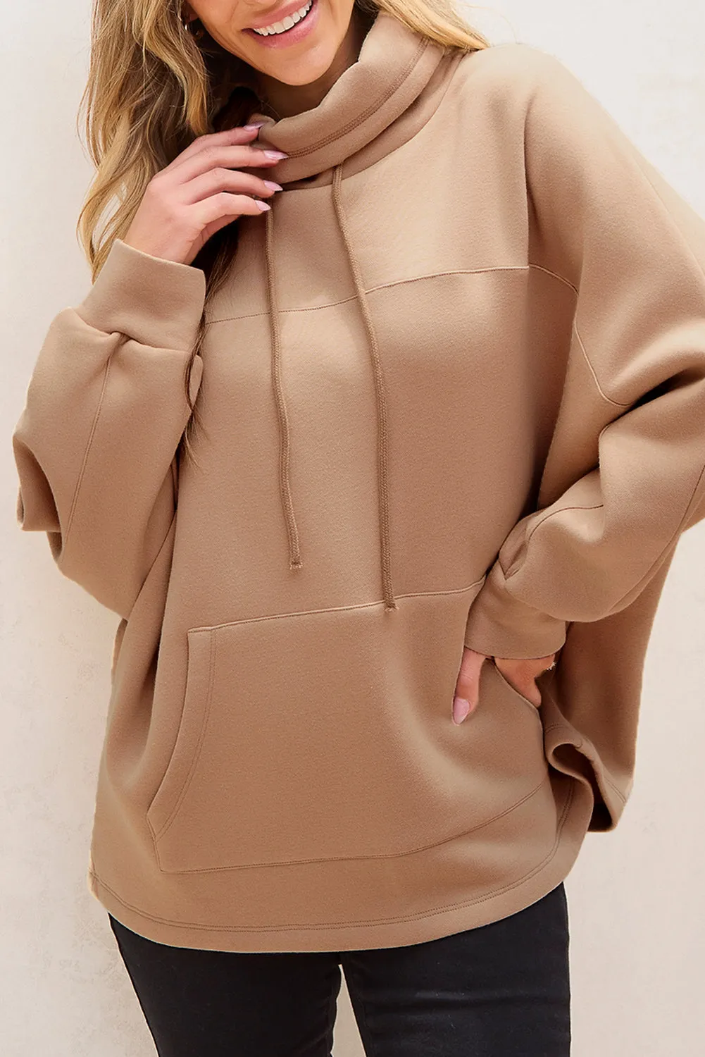 Womens Beige Drawstring Turtleneck Sweatshirt