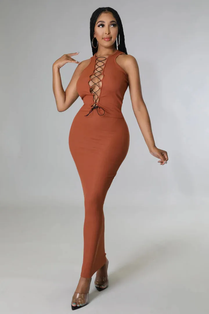 Women's Stylish Ribbed Lace Up Maxi Skirt Set