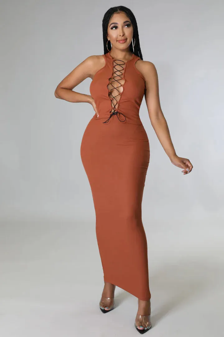 Women's Stylish Ribbed Lace Up Maxi Skirt Set