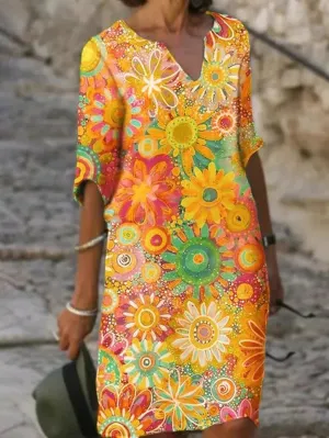 Women's V-Neck Floral Print Dress - Stylish, Flattering Fit, Perfect for Any Occasion