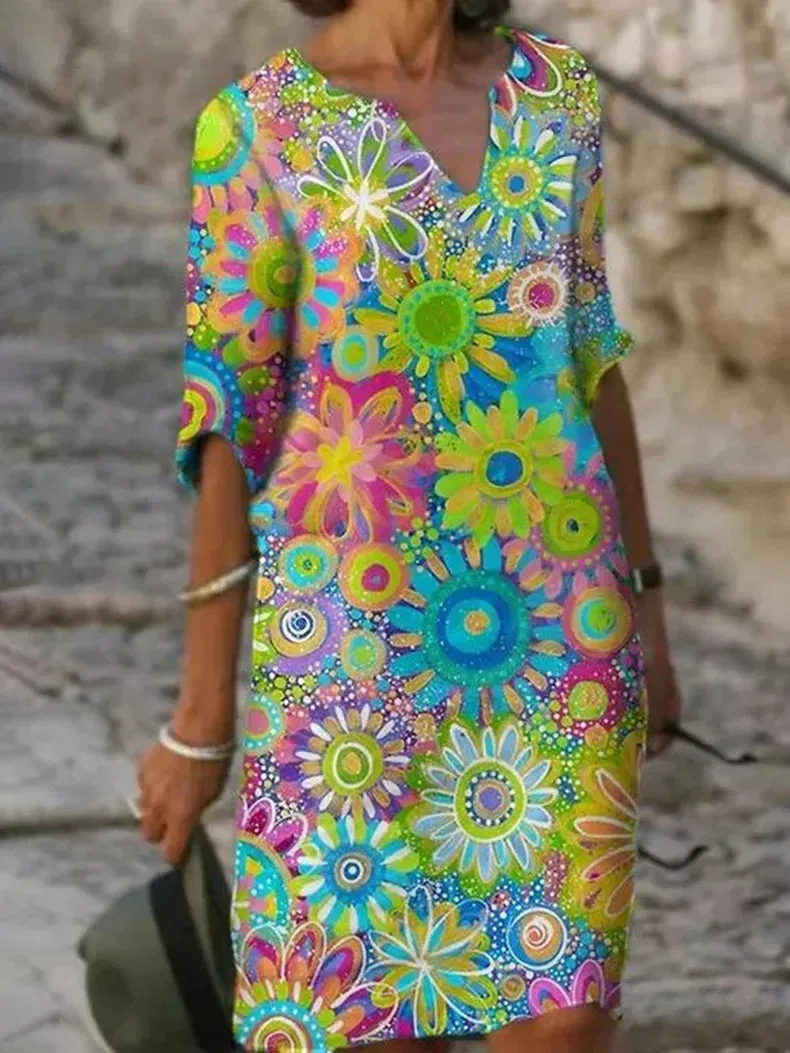 Women's V-Neck Floral Print Dress - Stylish, Flattering Fit, Perfect for Any Occasion