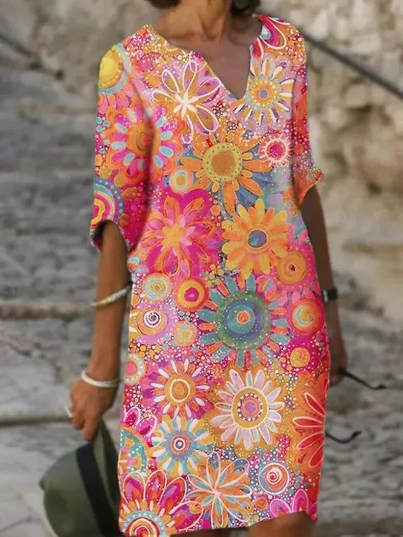 Women's V-Neck Floral Print Dress - Stylish, Flattering Fit, Perfect for Any Occasion