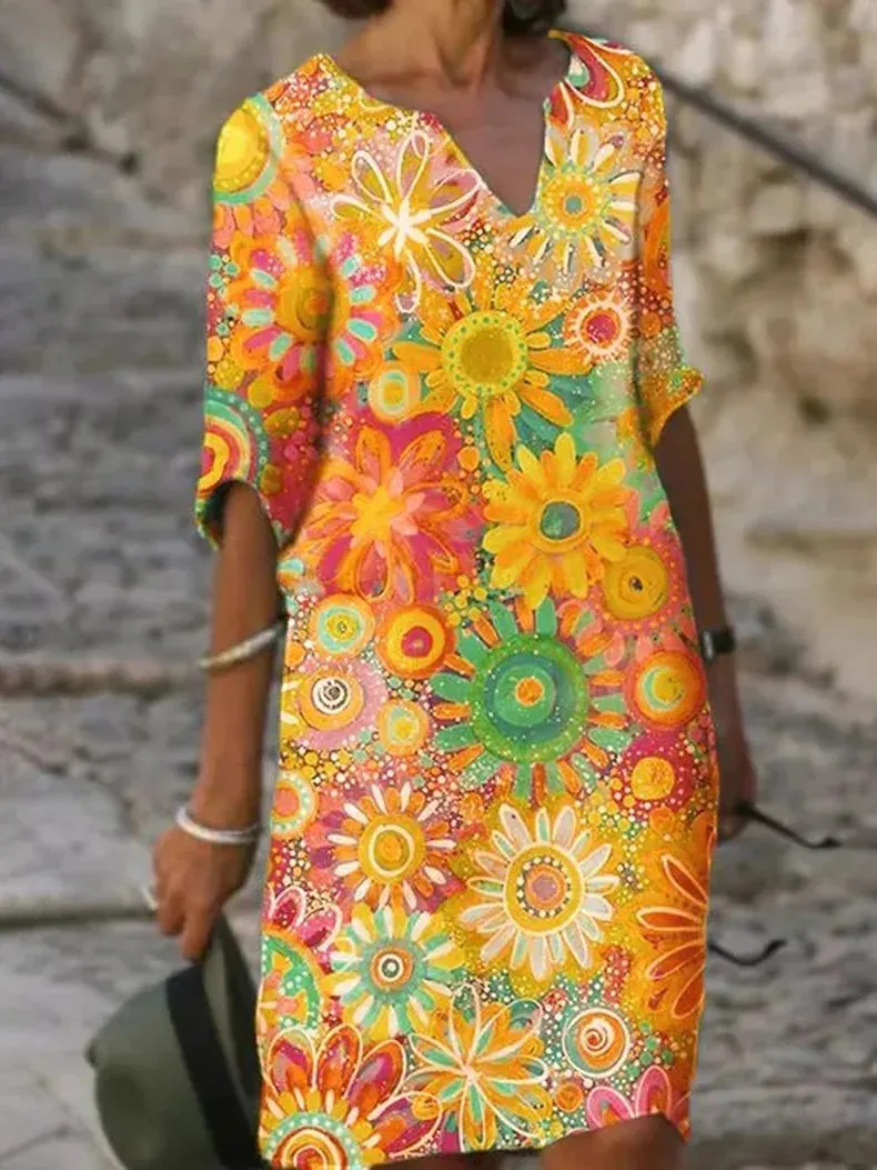 Women's V-Neck Floral Print Dress - Stylish, Flattering Fit, Perfect for Any Occasion