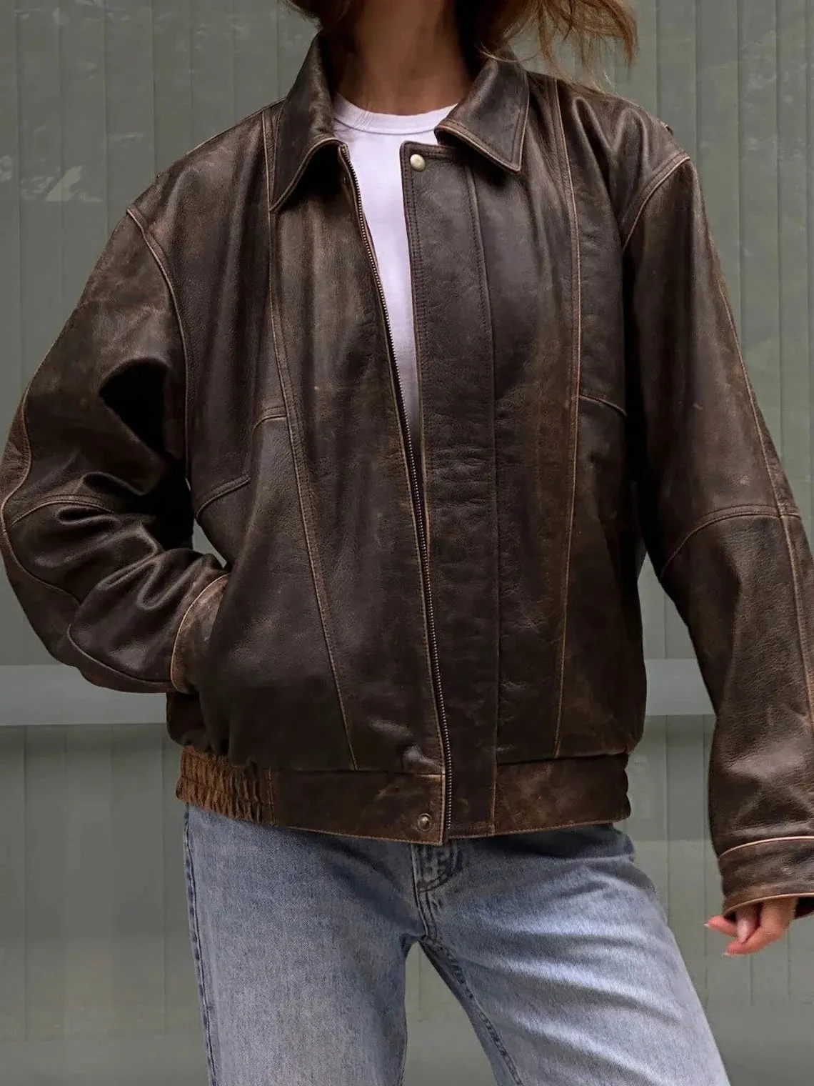 Women's Vintage Oversized Distressed Brown Leather Jacket WD09