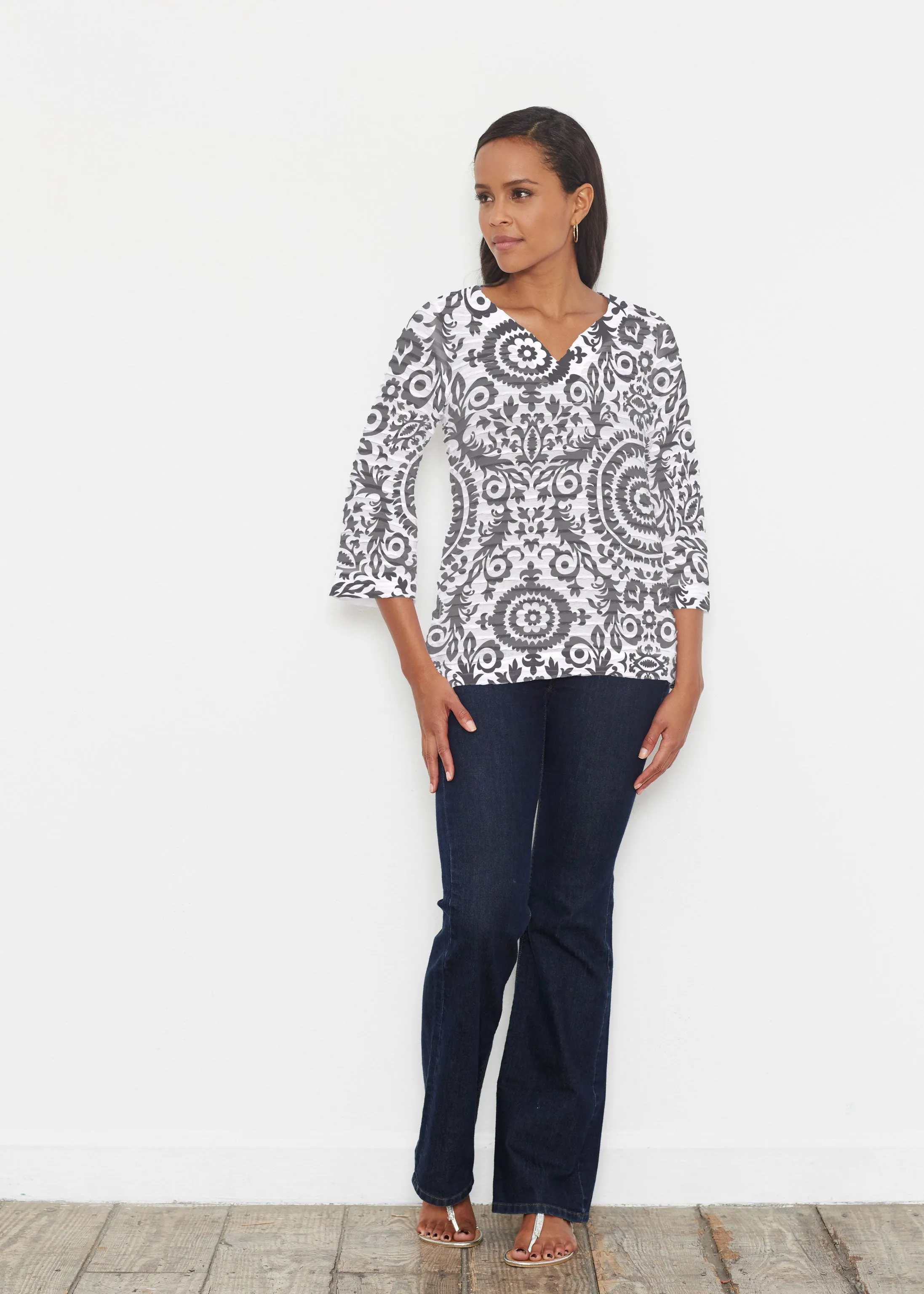 World of Swirls (14265) ~ Banded 3/4 Bell-Sleeve V-Neck Tunic
