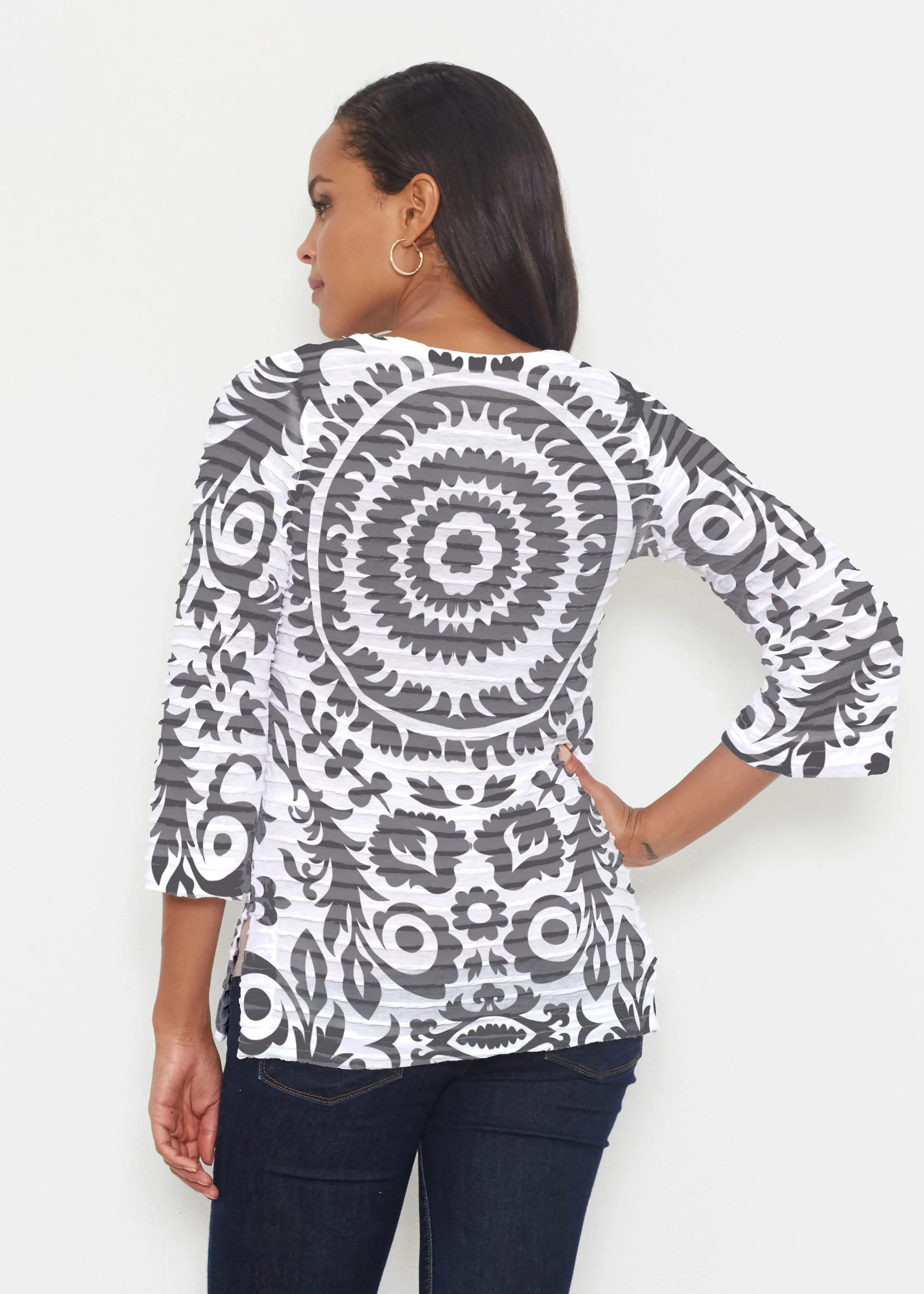 World of Swirls (14265) ~ Banded 3/4 Bell-Sleeve V-Neck Tunic
