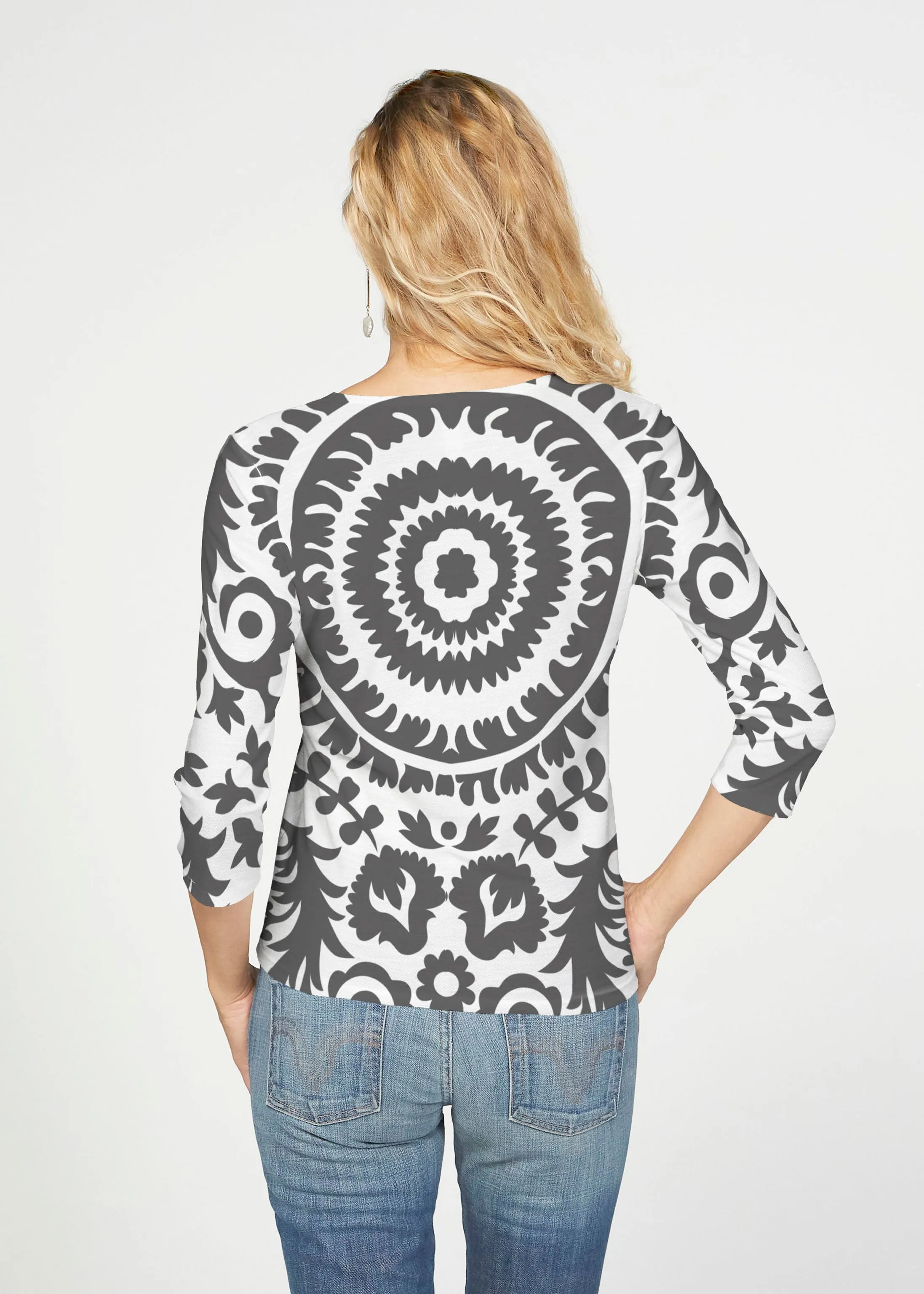 World of Swirls (14265) ~ French Terry Tie 3/4 Sleeve Top