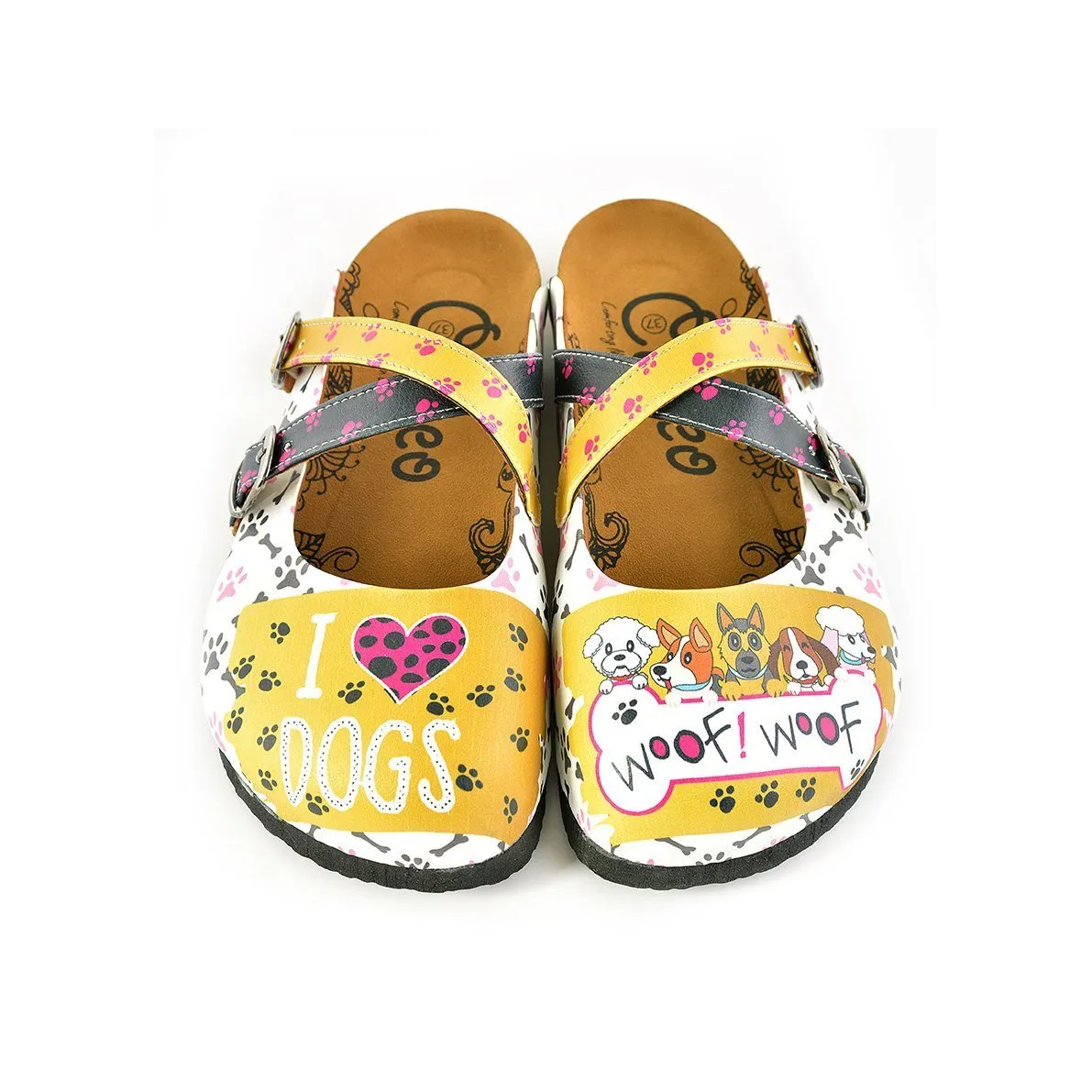 Yellow and Black Polkadot, Paw Pattern and I Love You, Cute Dogs Patterned Clogs - WCAL149