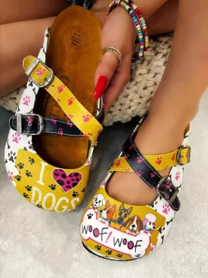 Yellow and Black Polkadot, Paw Pattern and I Love You, Cute Dogs Patterned Clogs - WCAL149