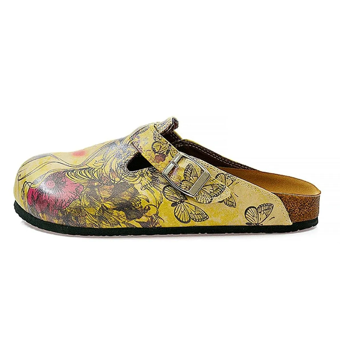 Yellow Color and Purple Flowers, Yellow Butterfly and Girl Portraits Patterned Clogs - CAL322