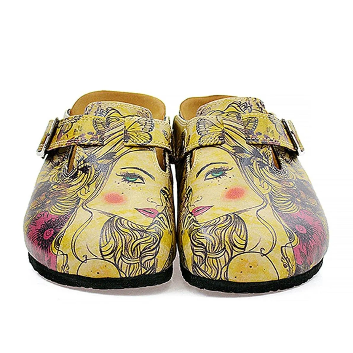 Yellow Color and Purple Flowers, Yellow Butterfly and Girl Portraits Patterned Clogs - CAL322