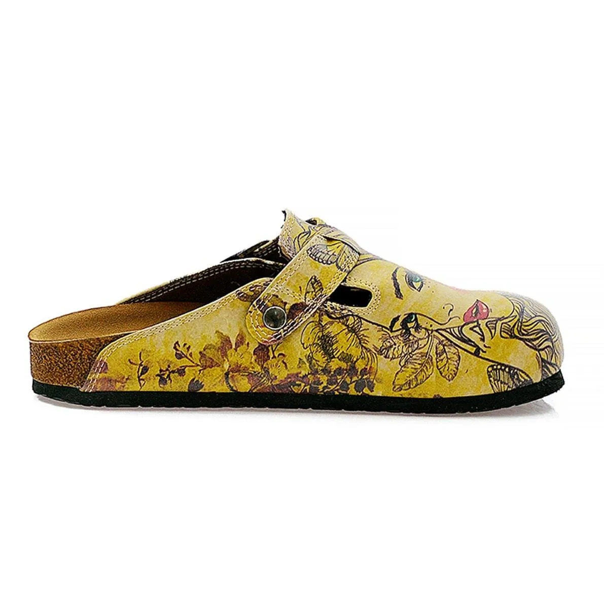 Yellow Color and Purple Flowers, Yellow Butterfly and Girl Portraits Patterned Clogs - CAL322