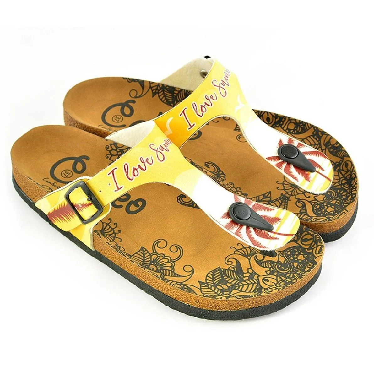 Yellow, Cream Colored Beach and Brown Tropical Leaved and I Love You Summer Written Patterned Sandal - CAL520