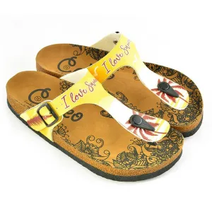 Yellow, Cream Colored Beach and Brown Tropical Leaved and I Love You Summer Written Patterned Sandal - CAL520