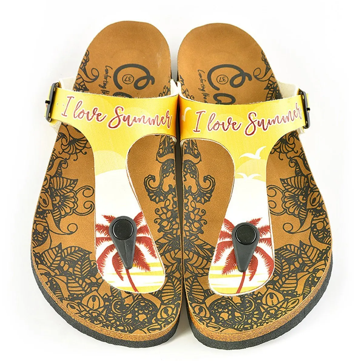Yellow, Cream Colored Beach and Brown Tropical Leaved and I Love You Summer Written Patterned Sandal - CAL520