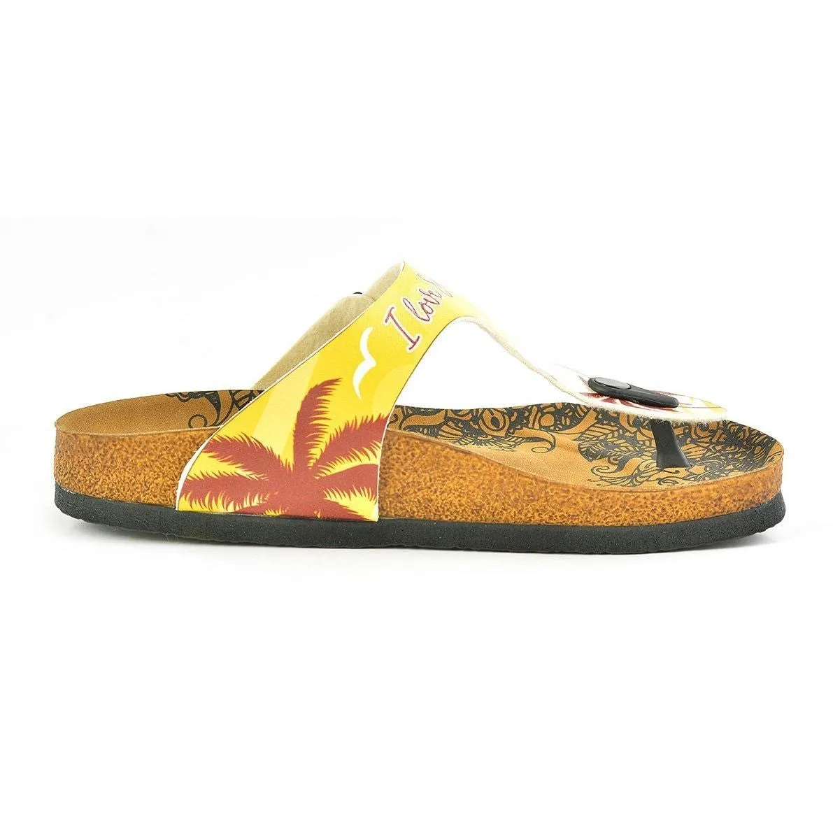 Yellow, Cream Colored Beach and Brown Tropical Leaved and I Love You Summer Written Patterned Sandal - CAL520