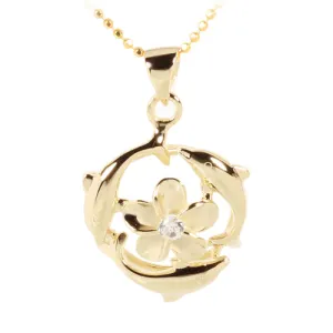 Yellow Gold Plated Sterling Silver Swimming Circle Dolphins w/Plumeria Pendant (Chain Sold Separately)