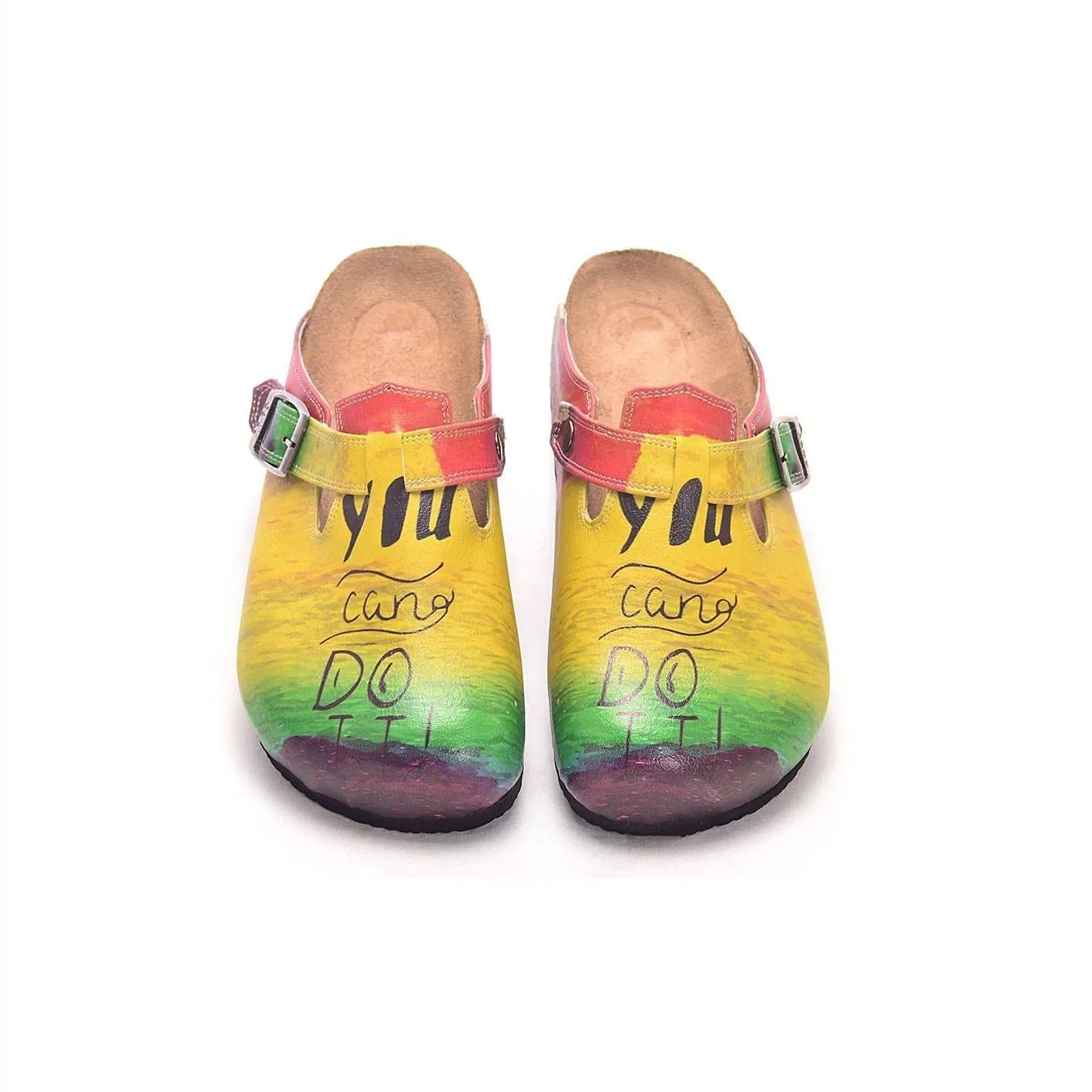 Yellow, Green, Purple, Red Color and You can do it, Patterned Clogs - CAL304