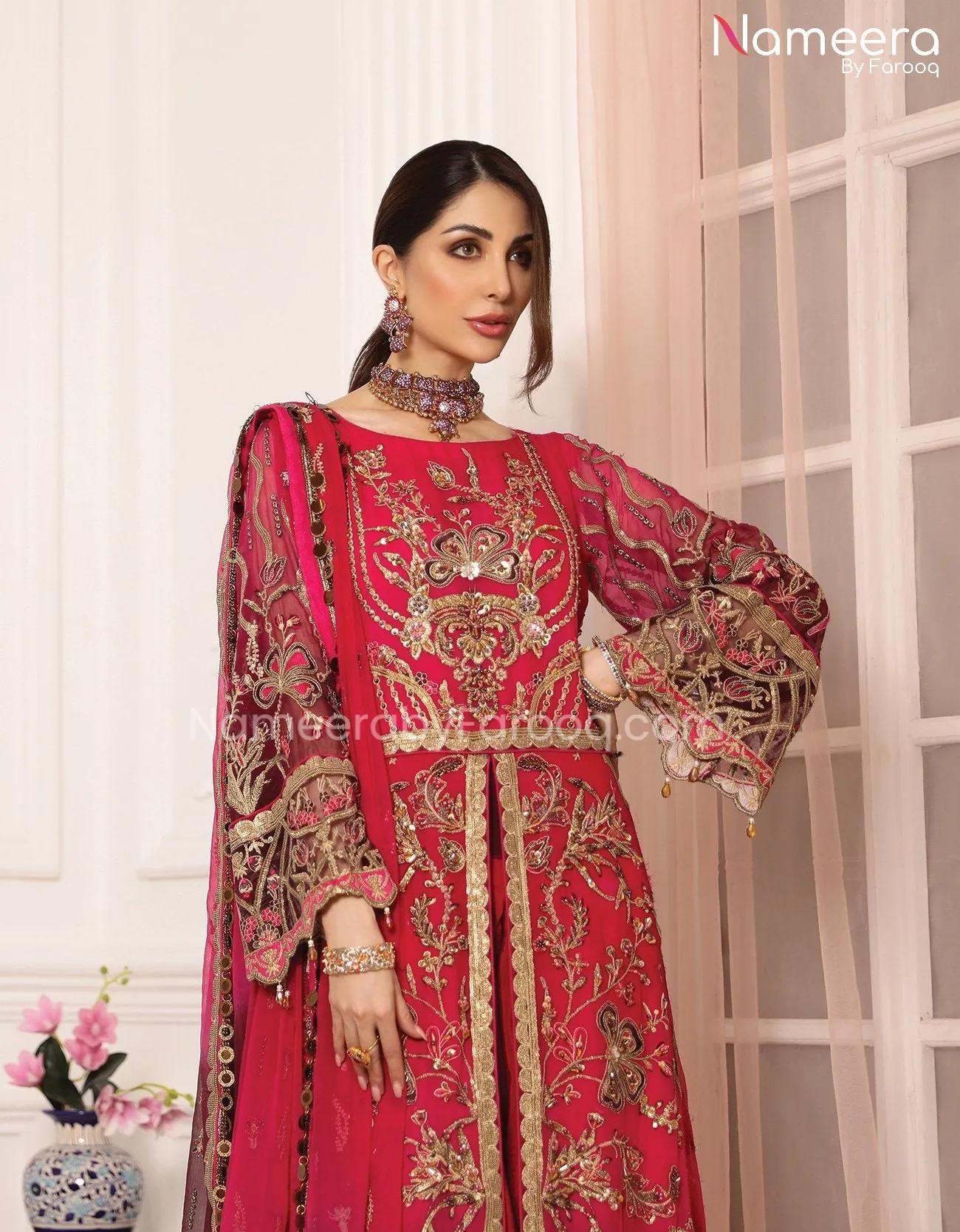 Zara Shahjahan Pakistani Gown Dress in Red Color #PF69
