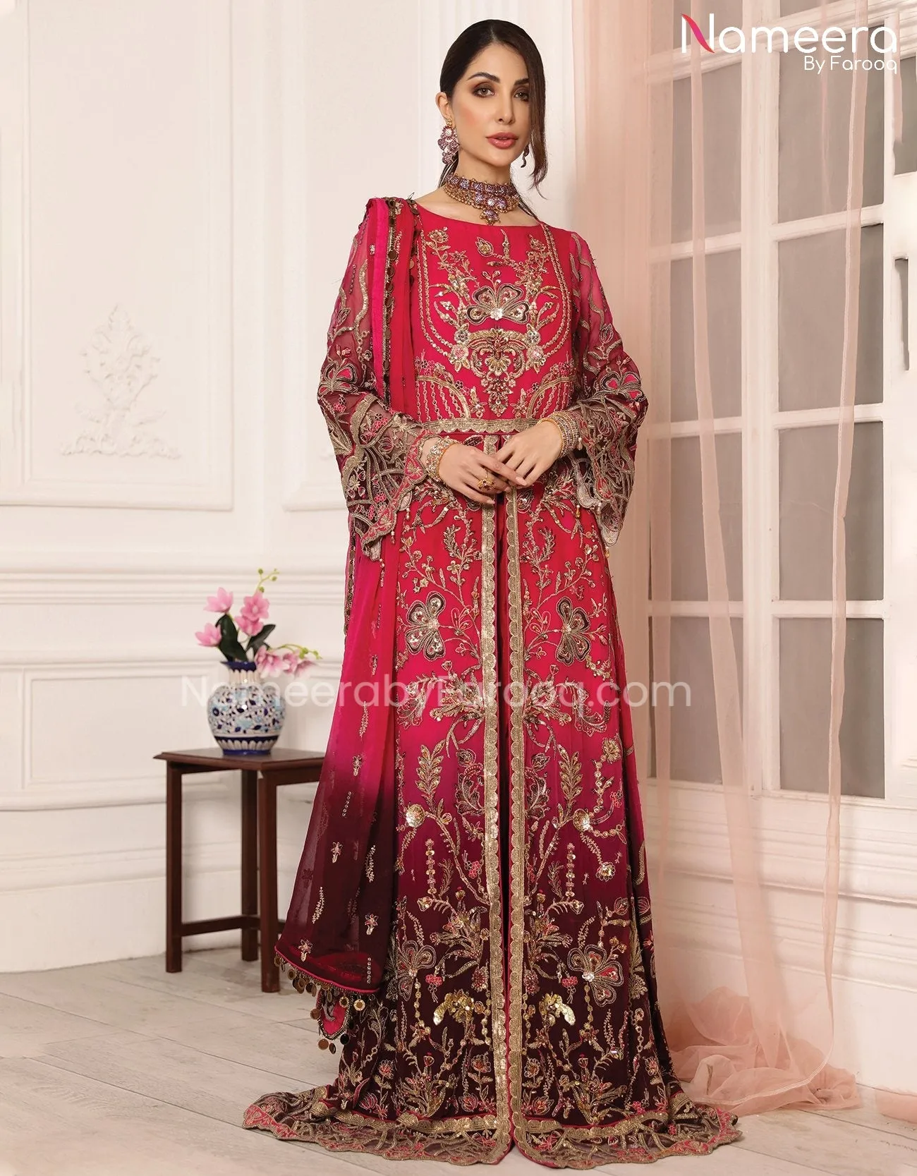 Zara Shahjahan Pakistani Gown Dress in Red Color #PF69