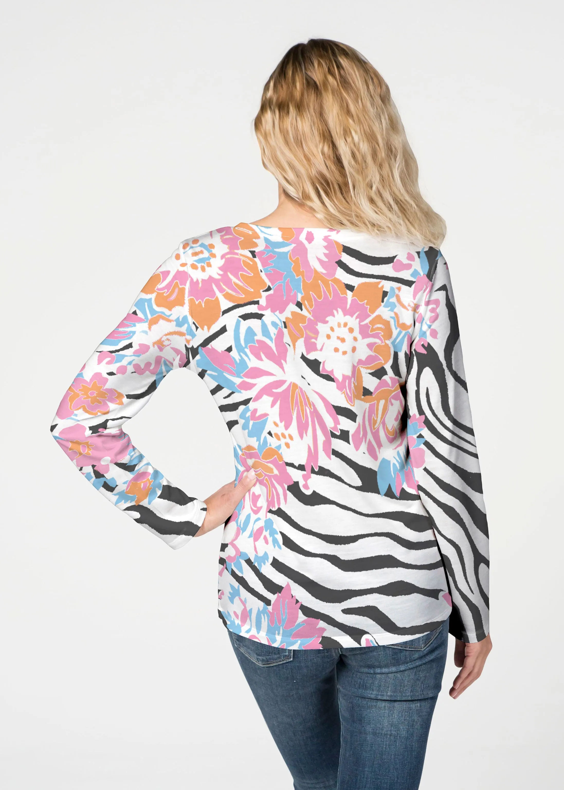 Zebra Posy Black (8118) ~ French Terry V-neck Top