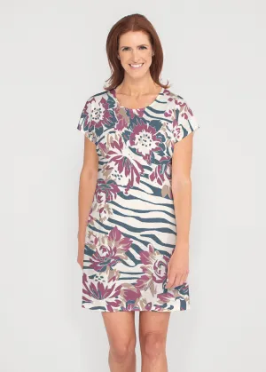 Zebra Posy Navy (8123) ~ French Terry Short Sleeve Crew Dress