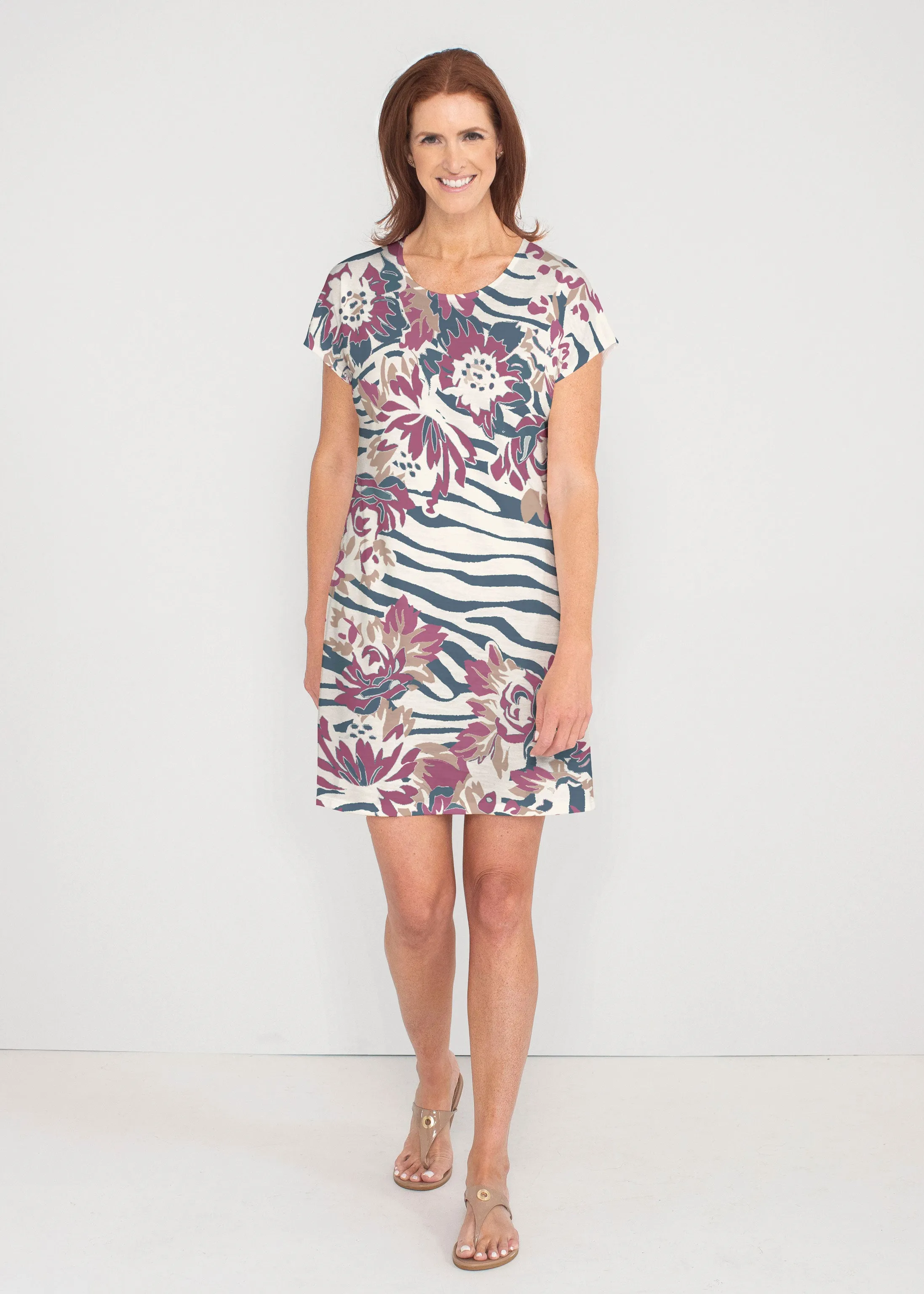 Zebra Posy Navy (8123) ~ French Terry Short Sleeve Crew Dress