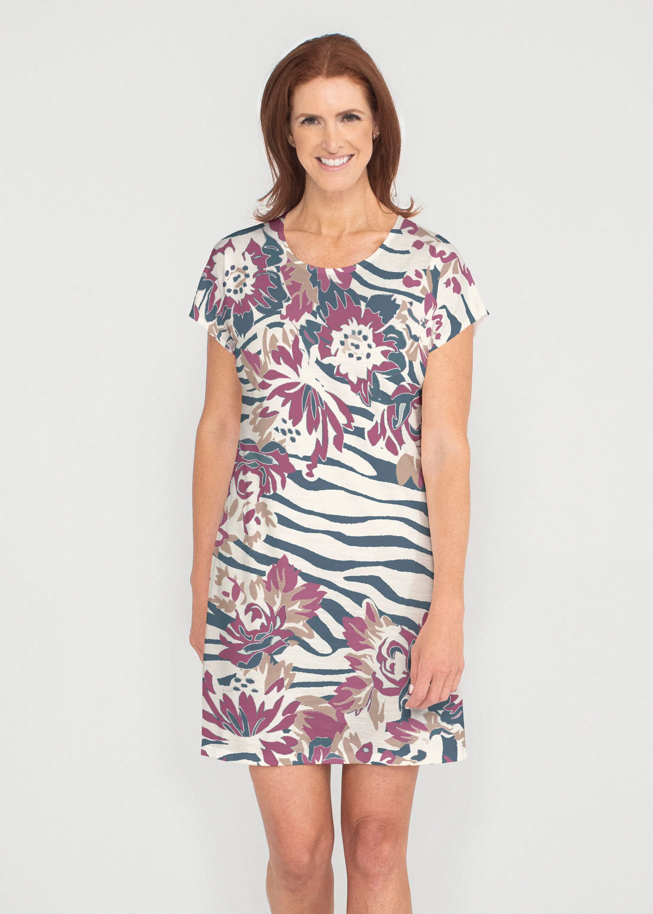 Zebra Posy Navy (8123) ~ French Terry Short Sleeve Crew Dress