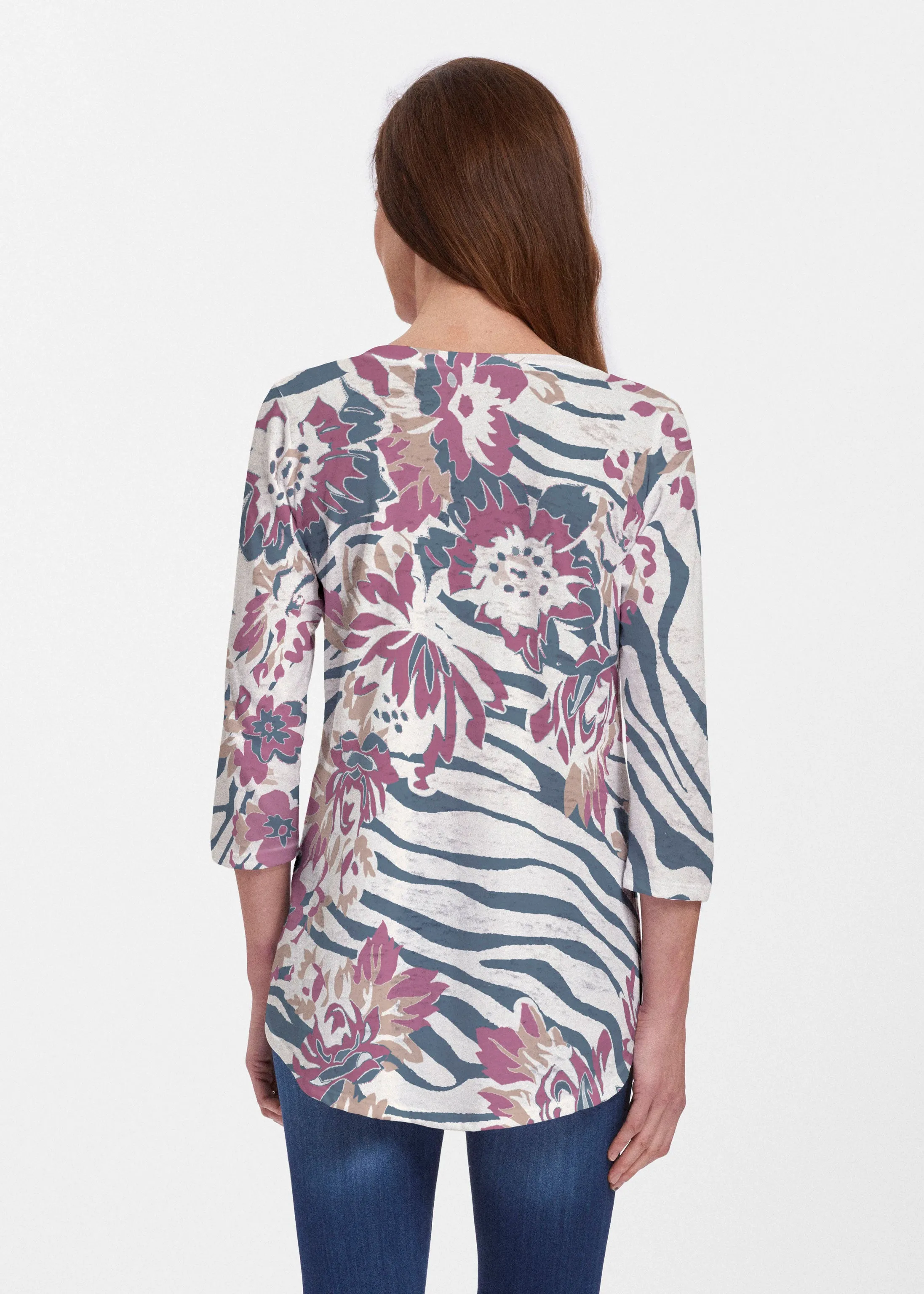 Zebra Posy Navy (8123) ~ V-neck Flowy Tunic