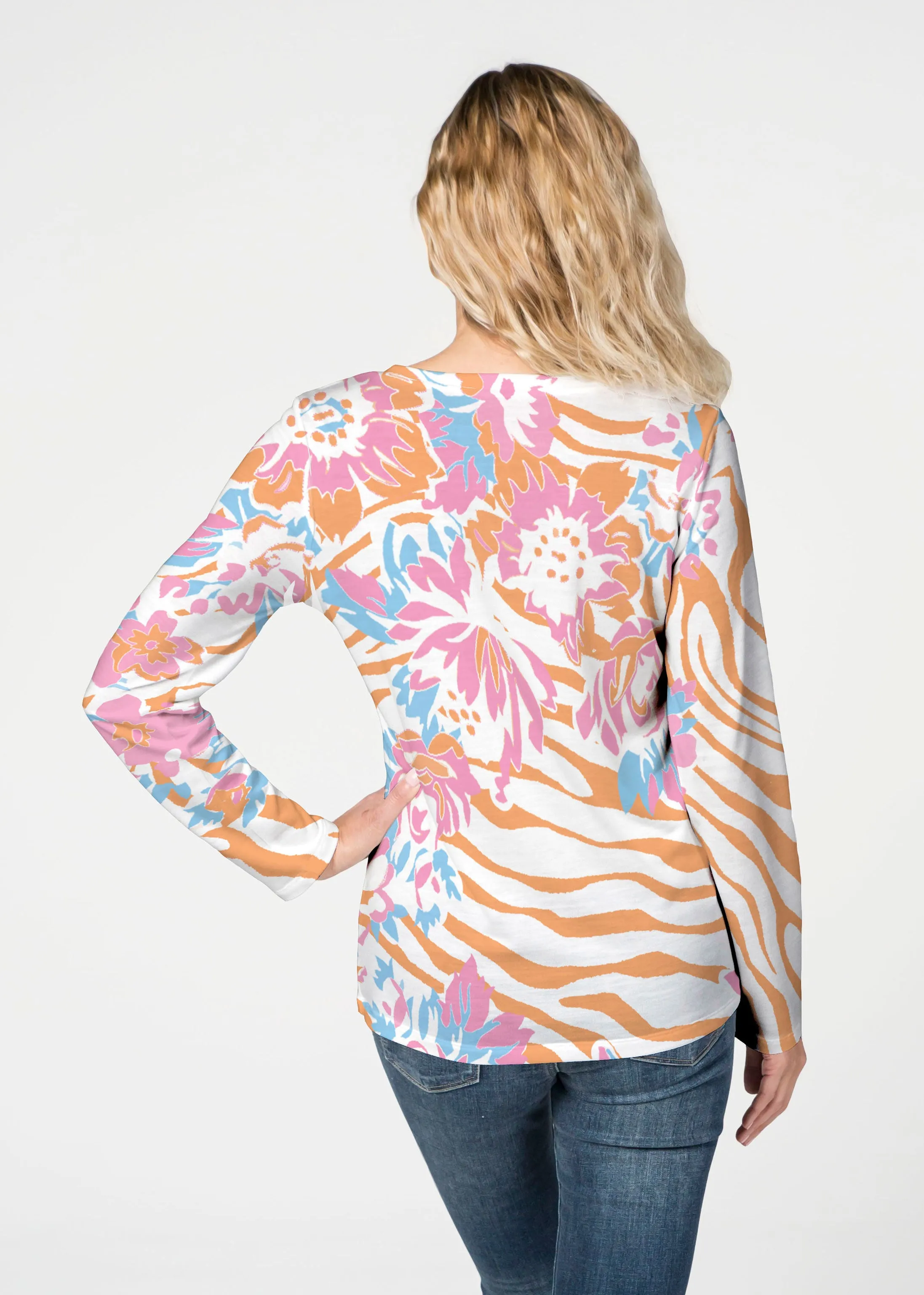 Zebra Posy Orange (8119) ~ French Terry V-neck Top
