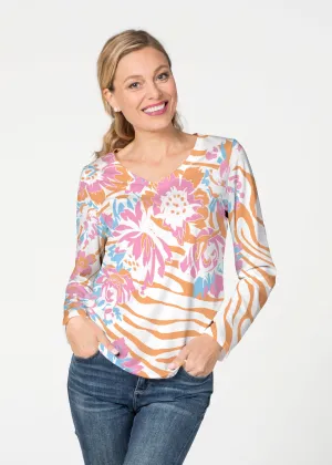 Zebra Posy Orange (8119) ~ French Terry V-neck Top