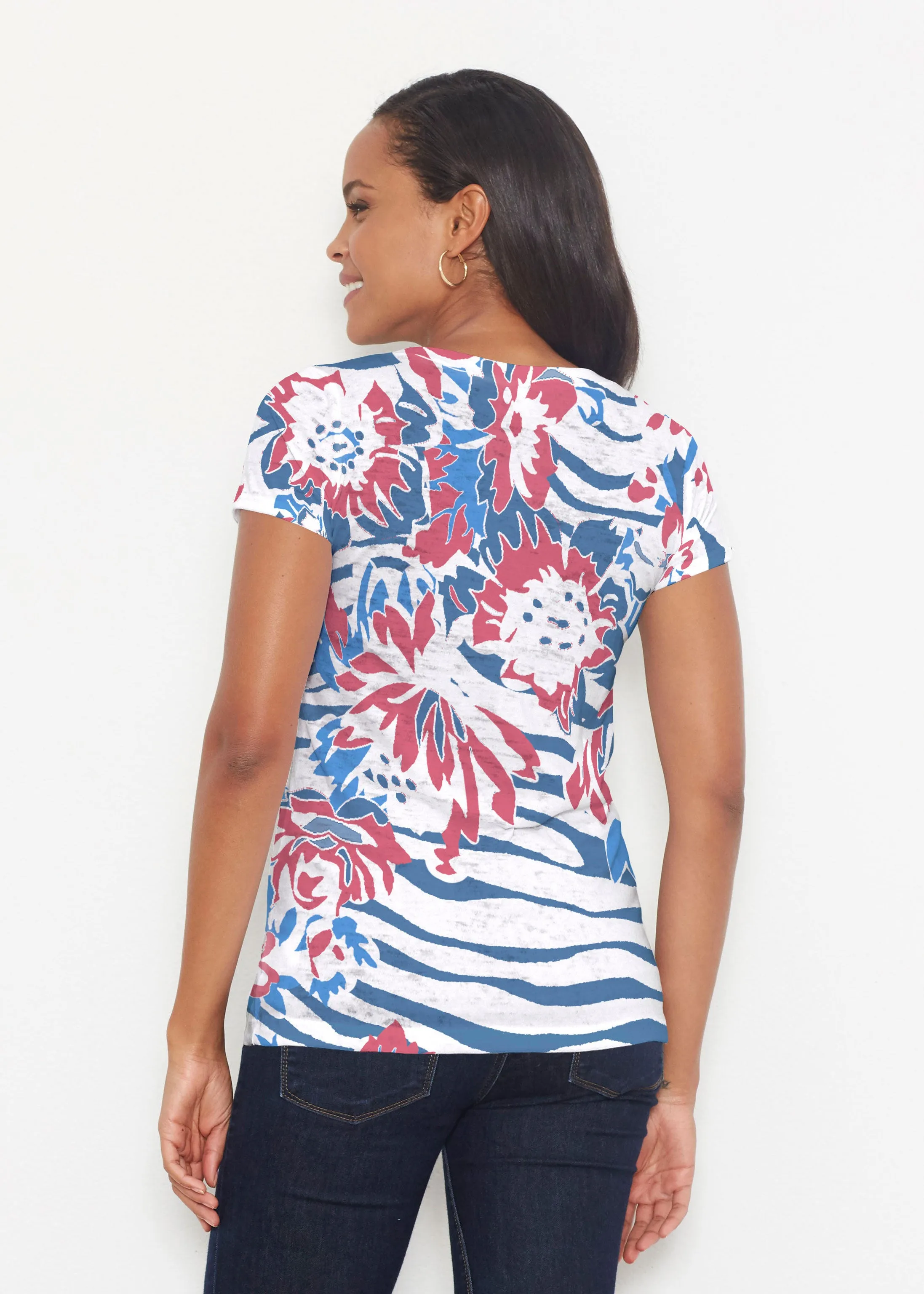 Zebra Posy Red-Blue (8132) ~ Short Sleeve Scoop Shirt