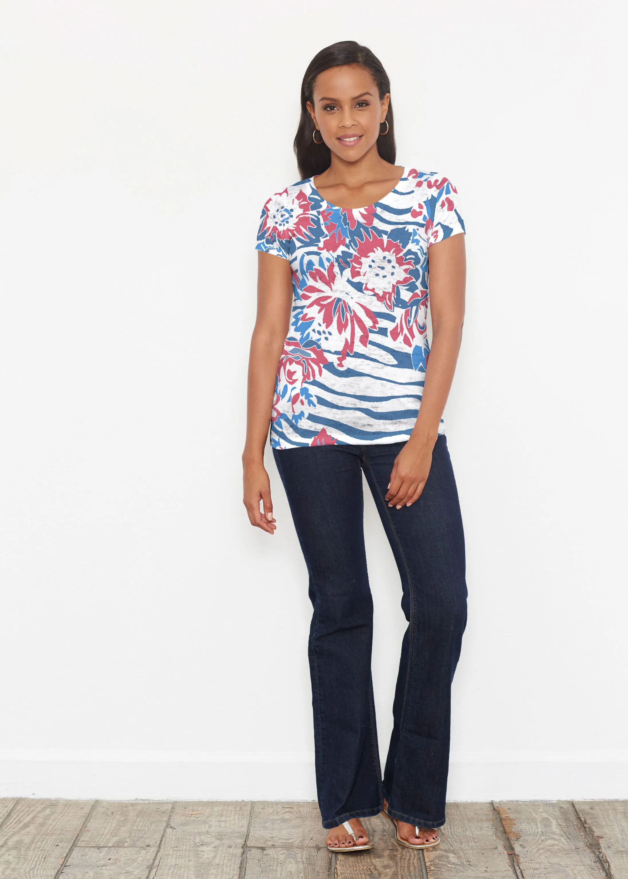 Zebra Posy Red-Blue (8132) ~ Short Sleeve Scoop Shirt