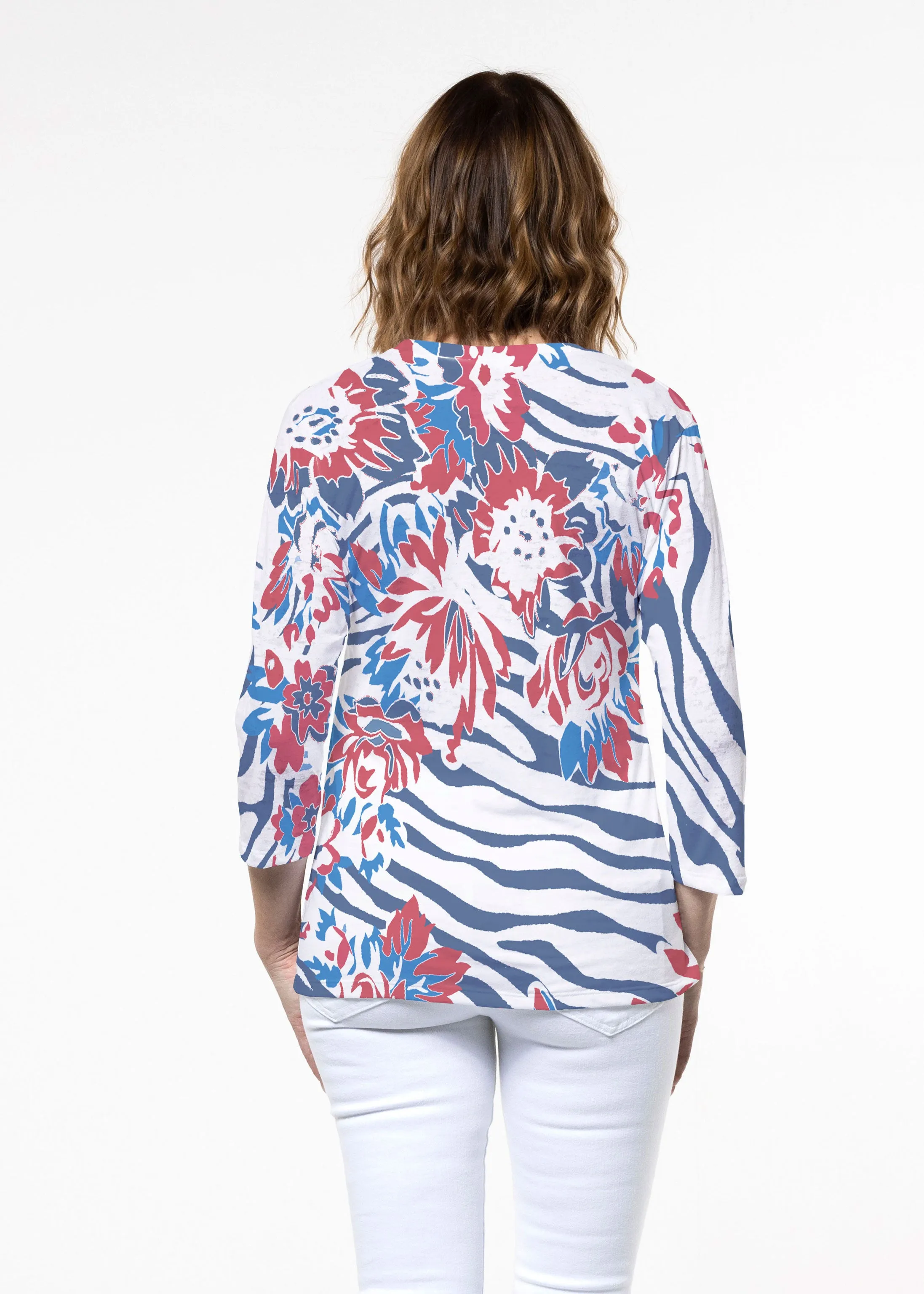 Zebra Posy Red-Blue (8132) ~ Signature 3/4 Sleeve Crew Neck Top
