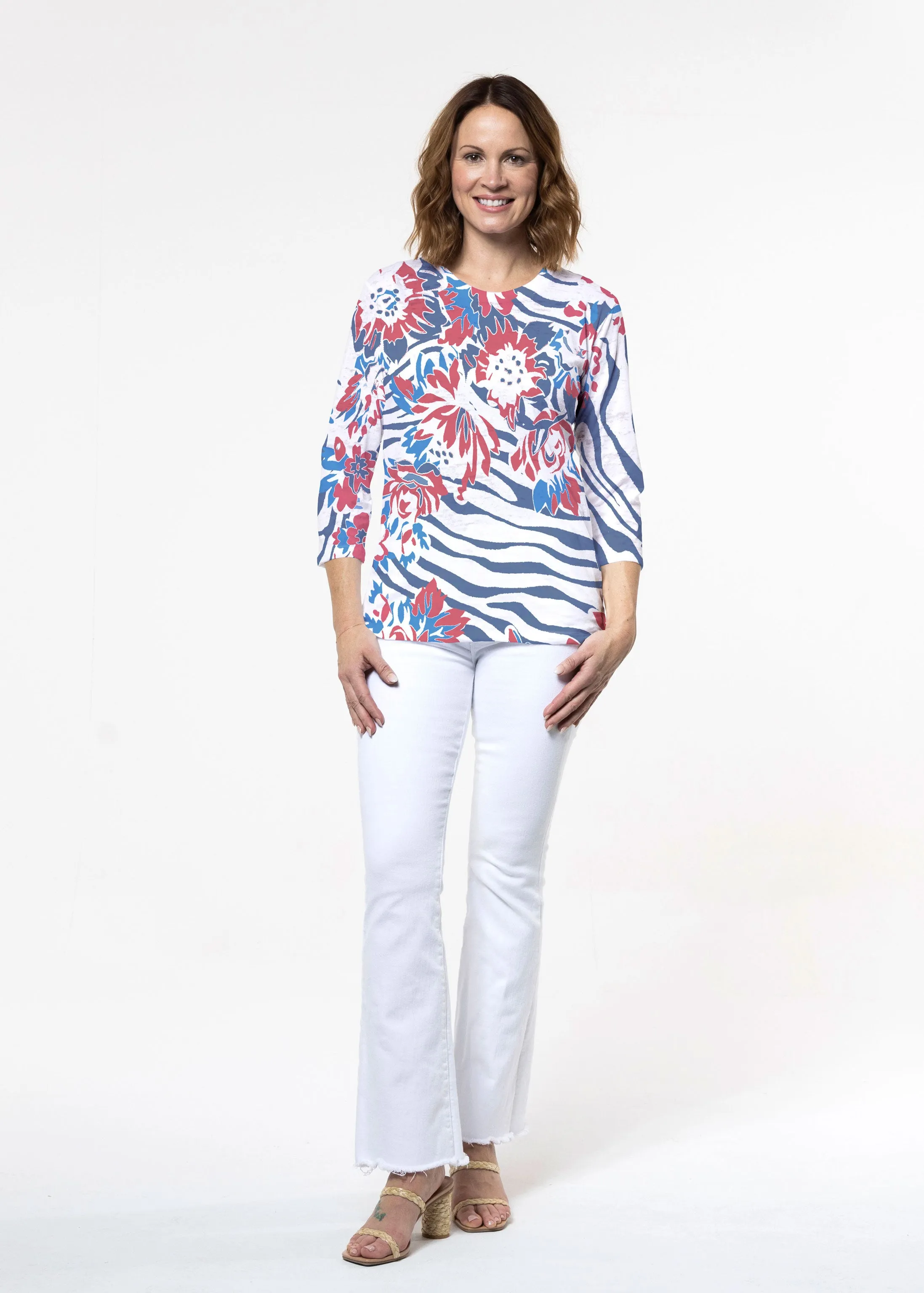Zebra Posy Red-Blue (8132) ~ Signature 3/4 Sleeve Crew Neck Top