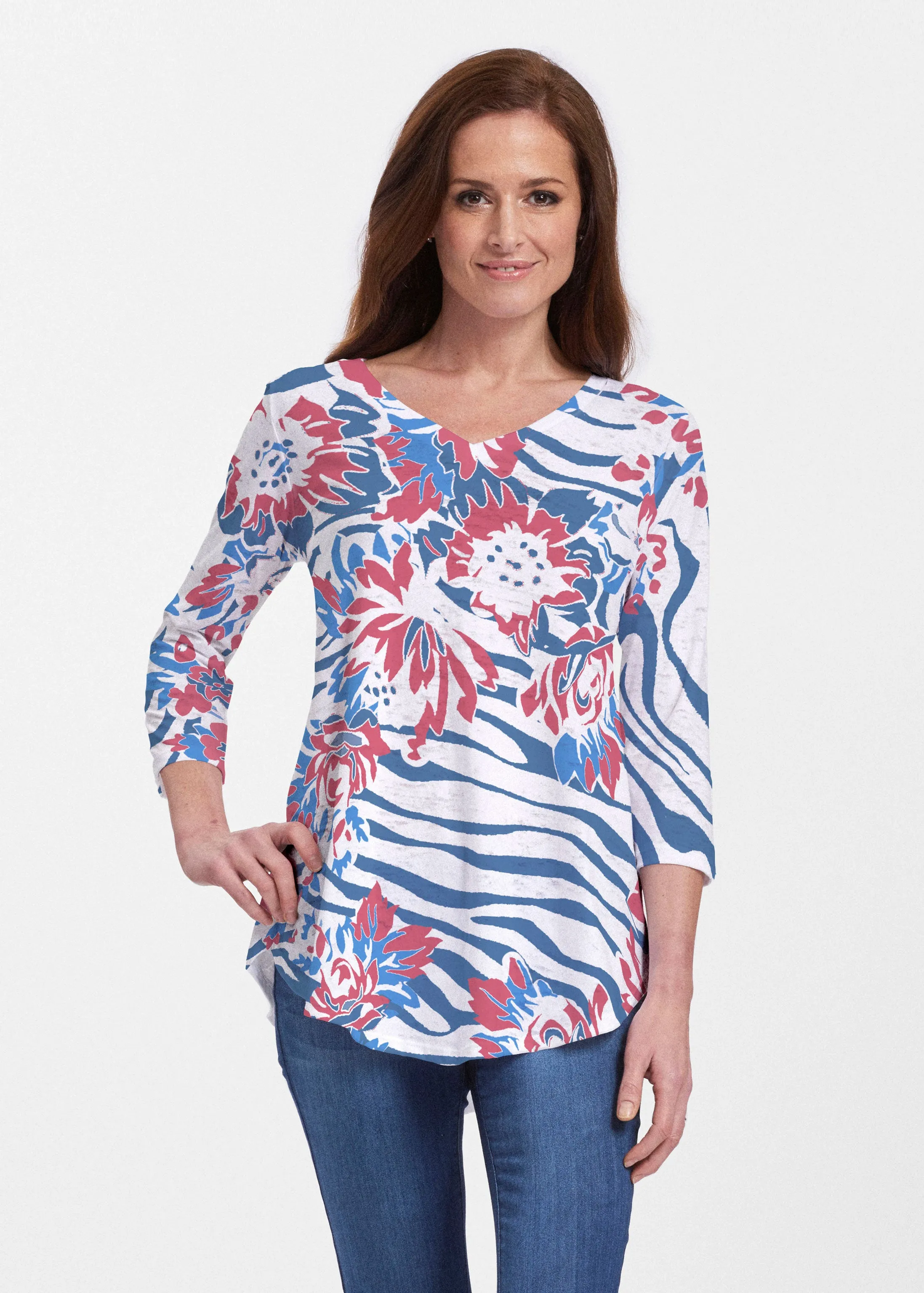 Zebra Posy Red-Blue (8132) ~ V-neck Flowy Tunic