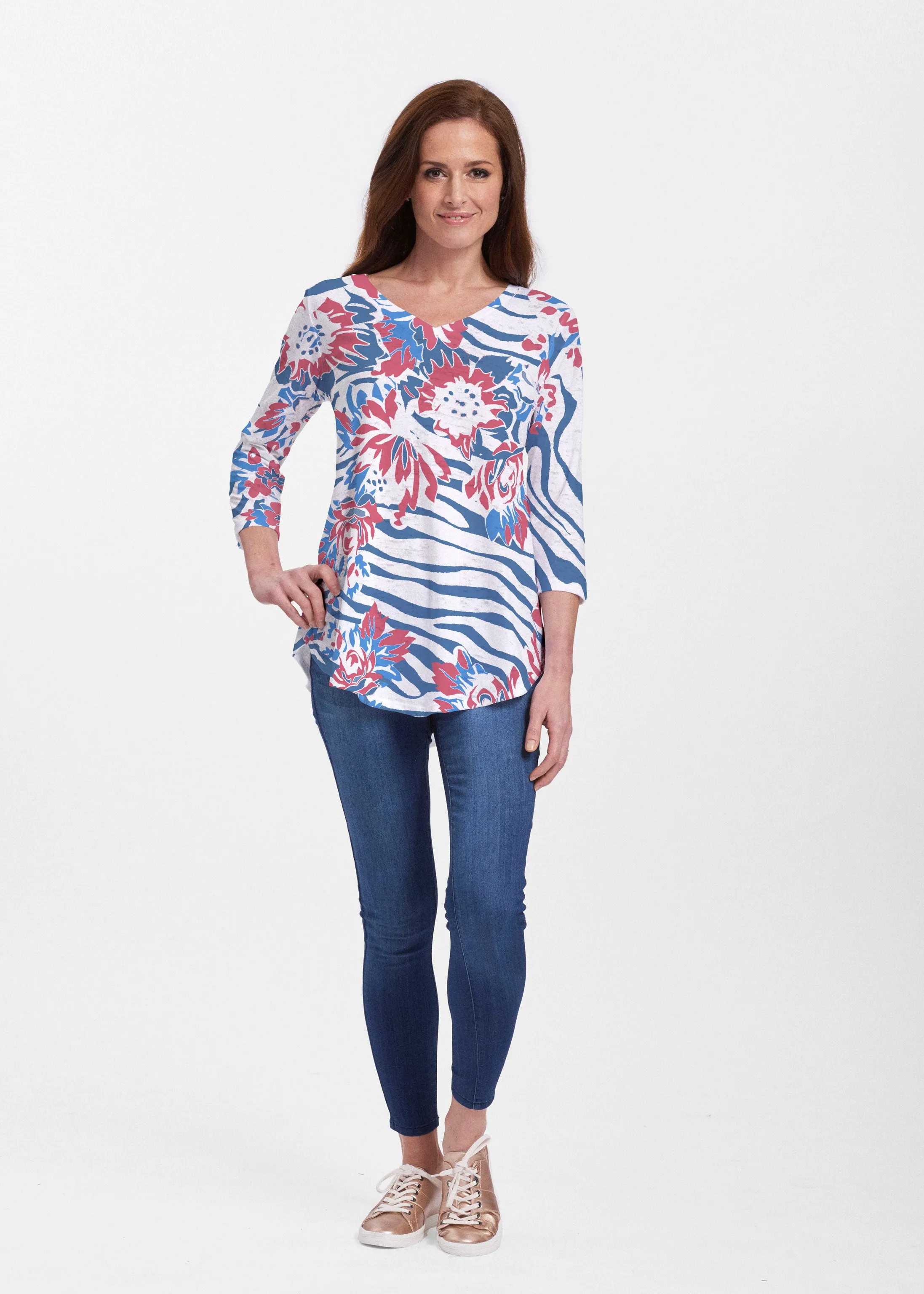 Zebra Posy Red-Blue (8132) ~ V-neck Flowy Tunic