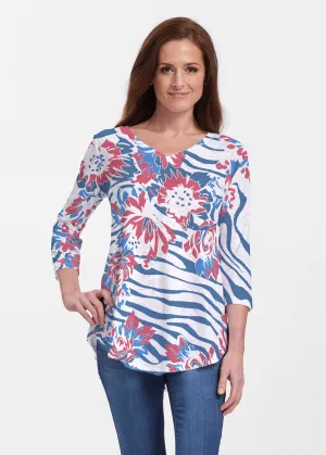 Zebra Posy Red-Blue (8132) ~ V-neck Flowy Tunic