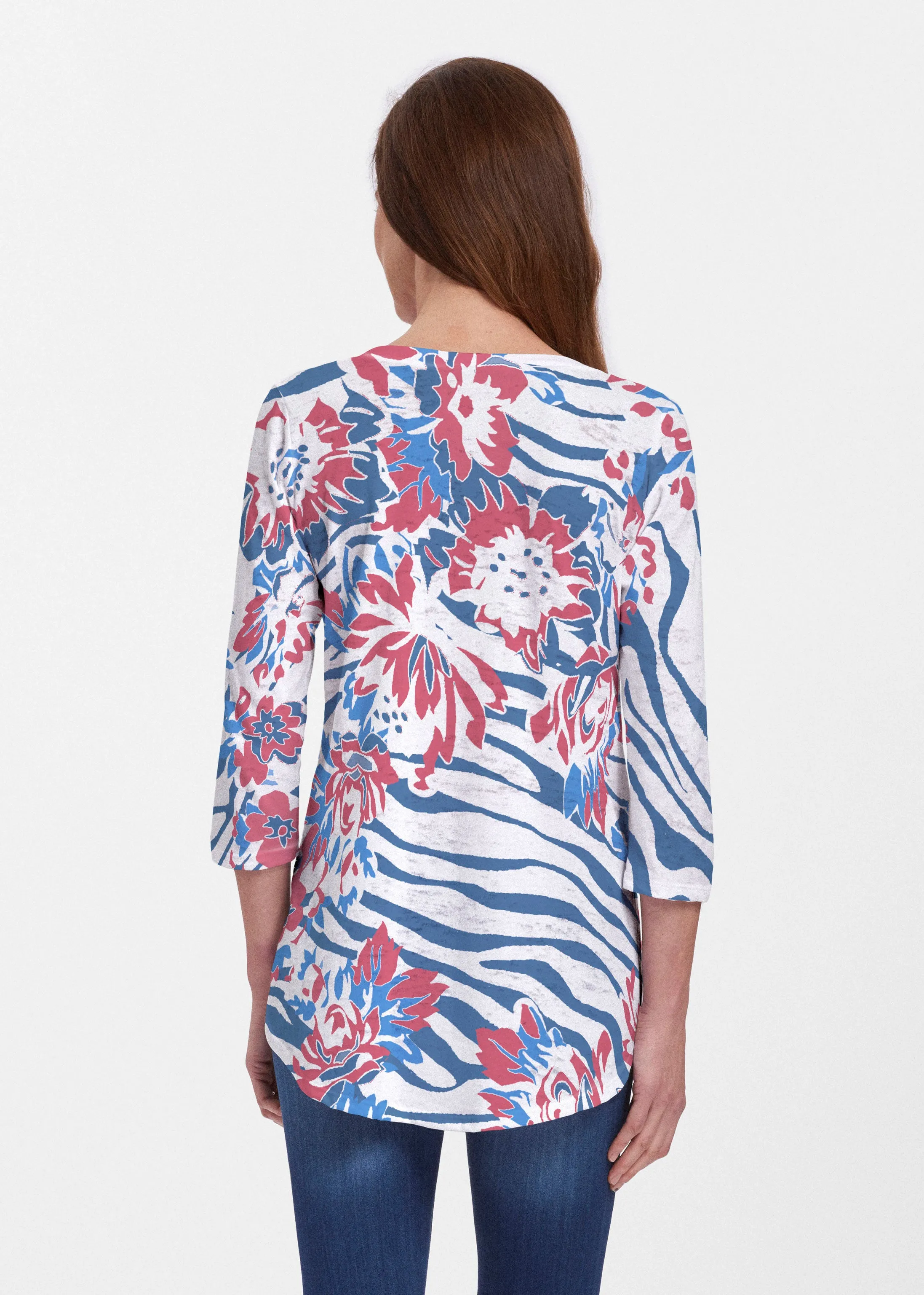 Zebra Posy Red-Blue (8132) ~ V-neck Flowy Tunic